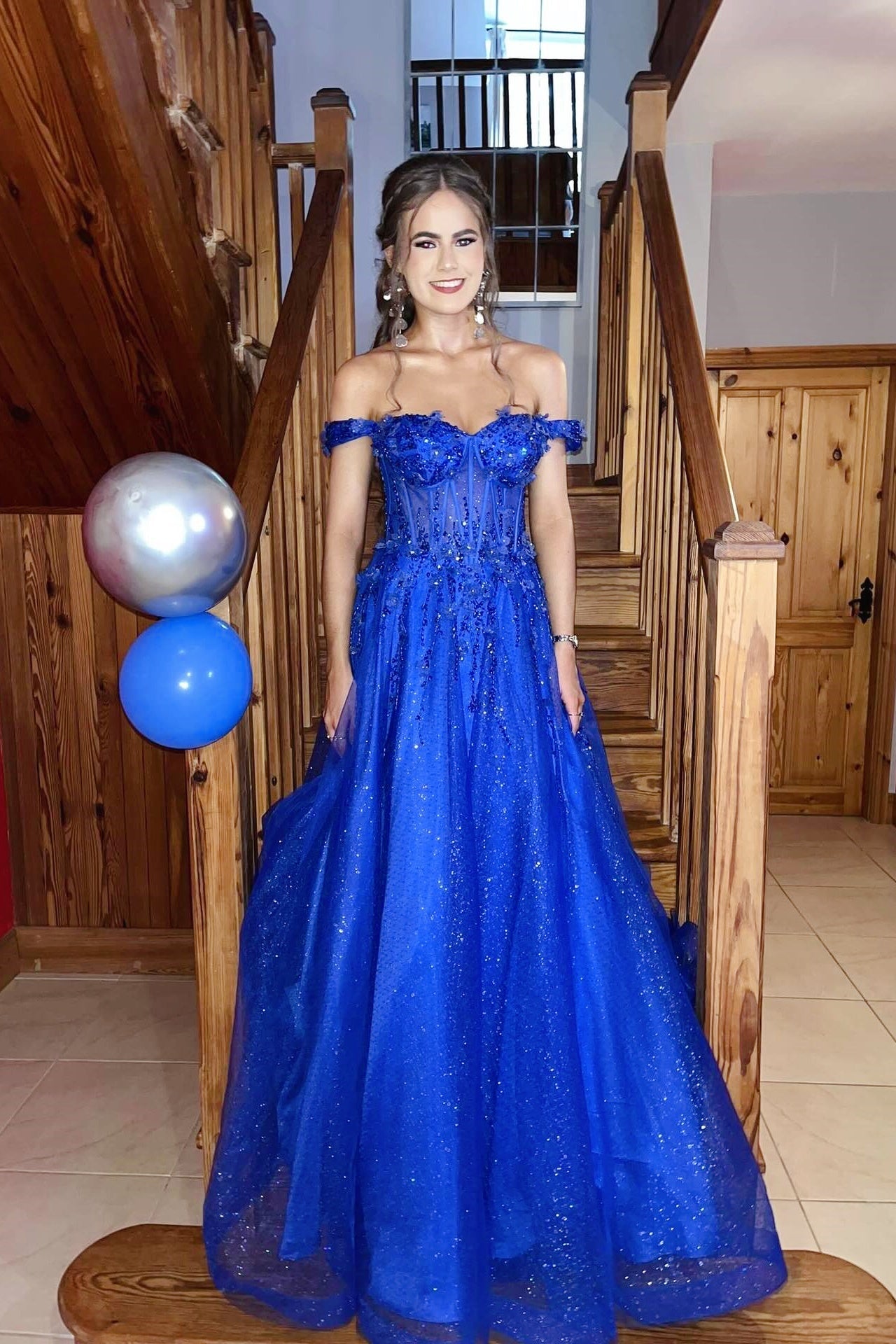 Sparkling Royal Blue Glitter Tulle Off-the-Shoulder A-Line Gown