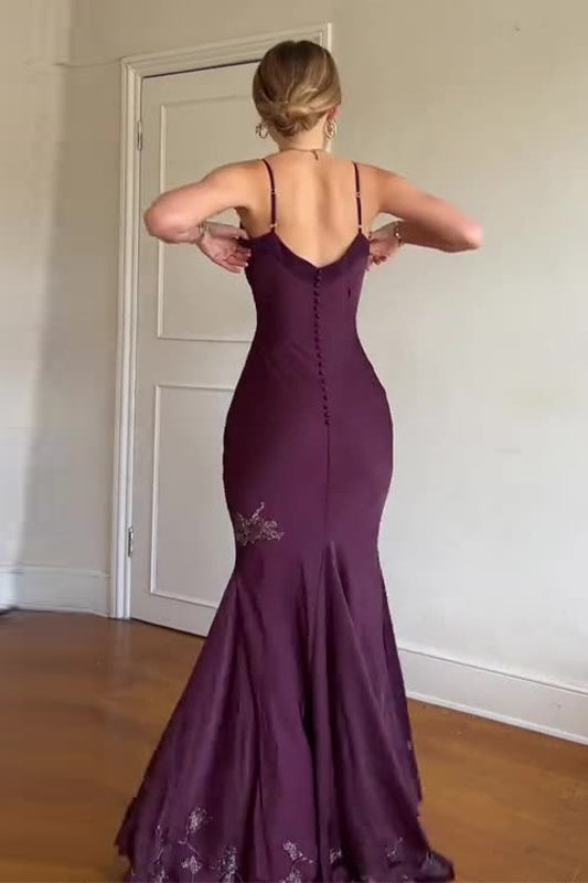 Grape Purple Spaghetti Straps V-Neck Beading Mermaid Gown