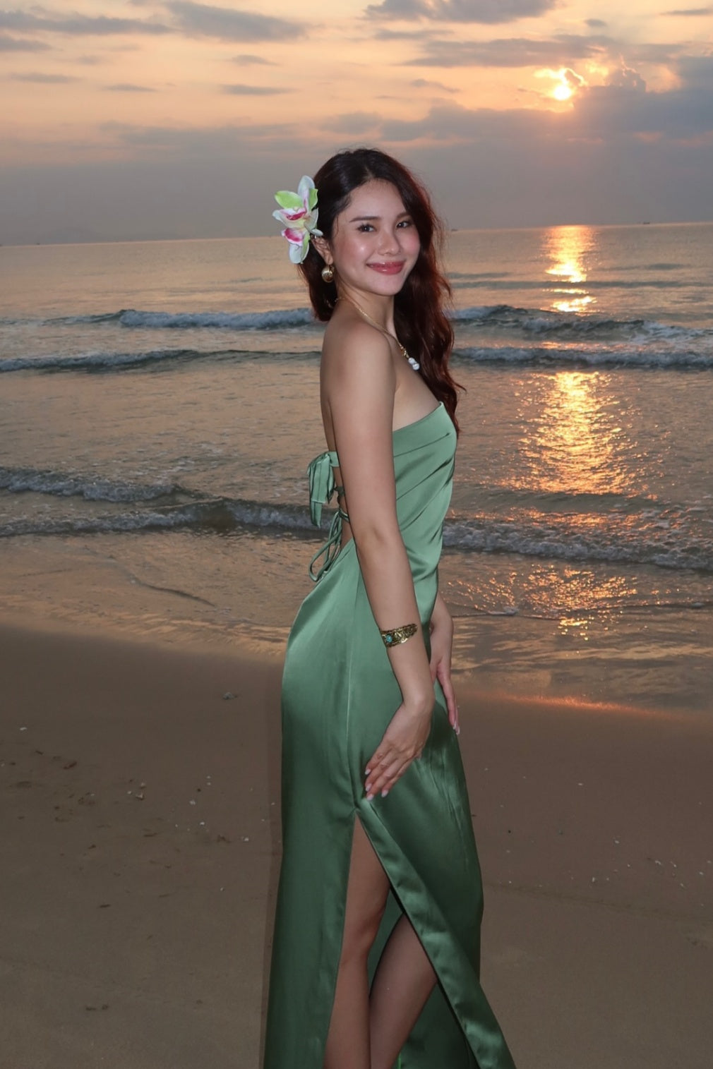 Sage Green Strapless Backless Slit Satin Dress