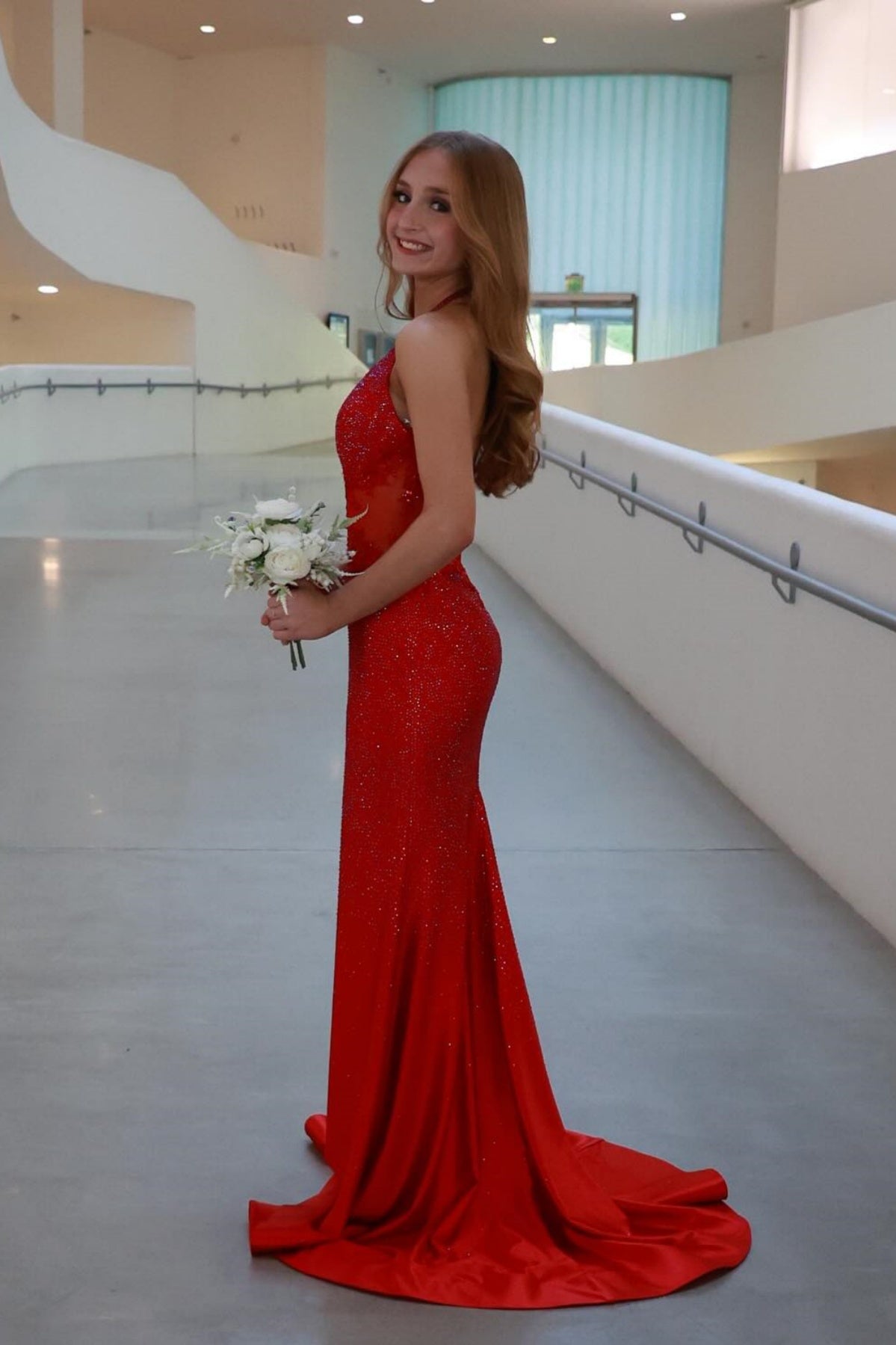Red Halter V-Neck Rhinestone Mermaid Prom Dress