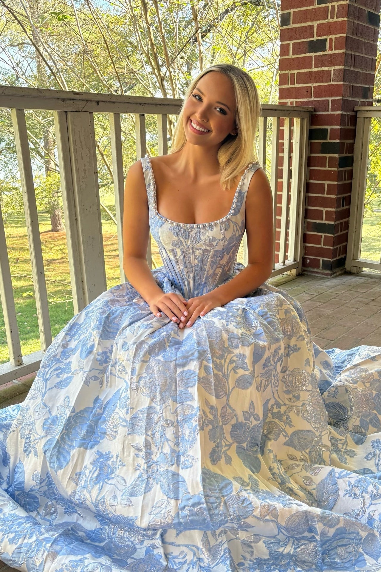 Elegant Pink Square Pearls Floral A-Line Prom Dress