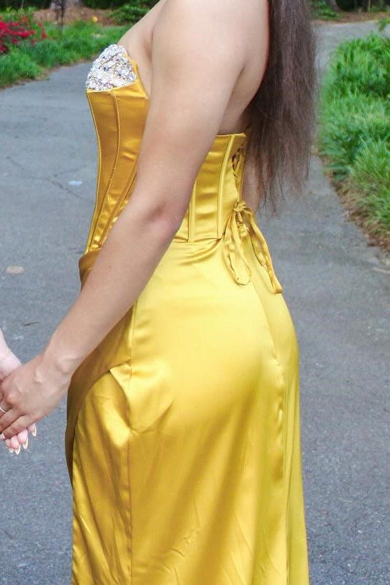 Yellow Satin Slit Sweetheart Mermaid Gown