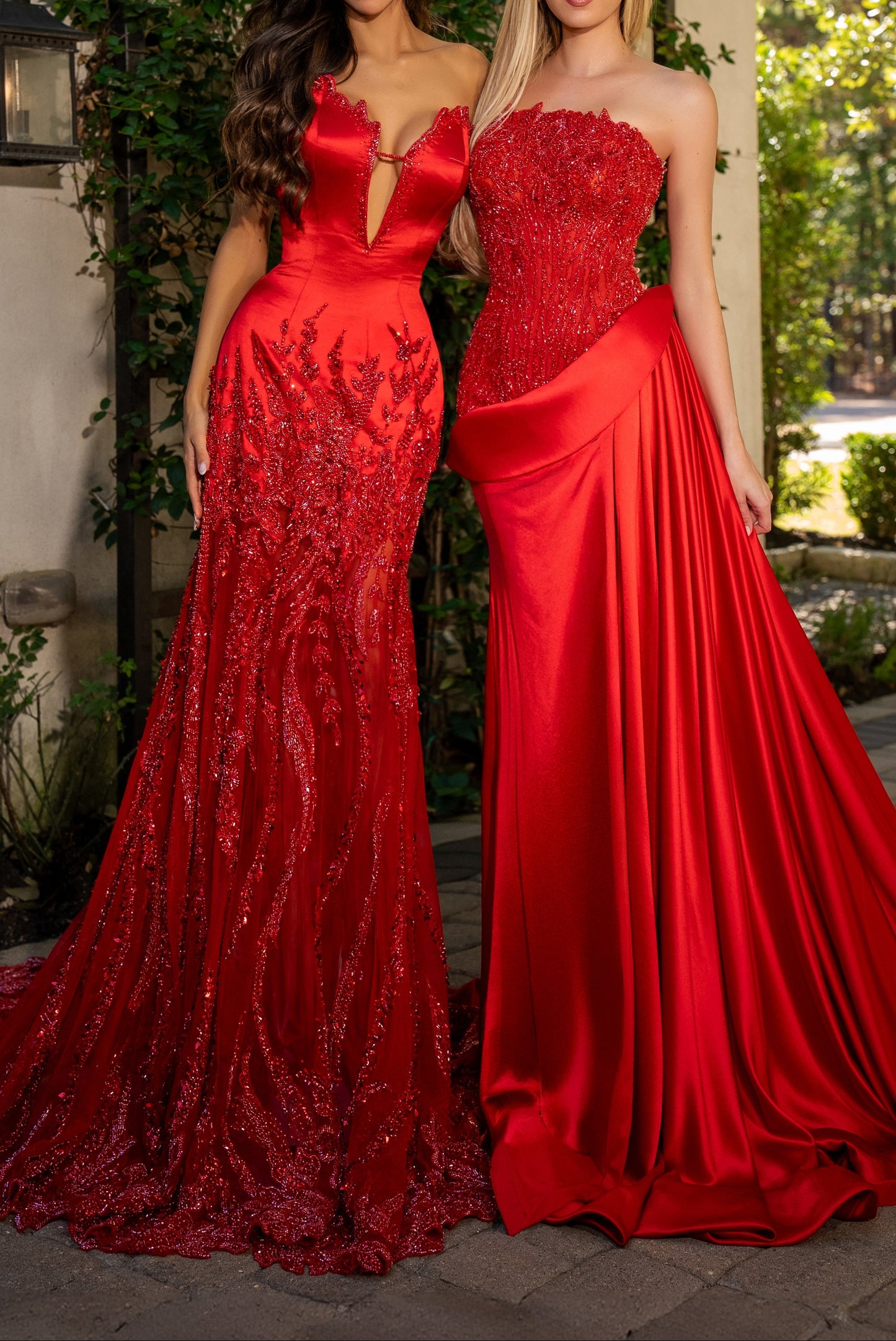 Red Strapless Beaded Bodice Satin Mermaid Gown with Cathedral Train
