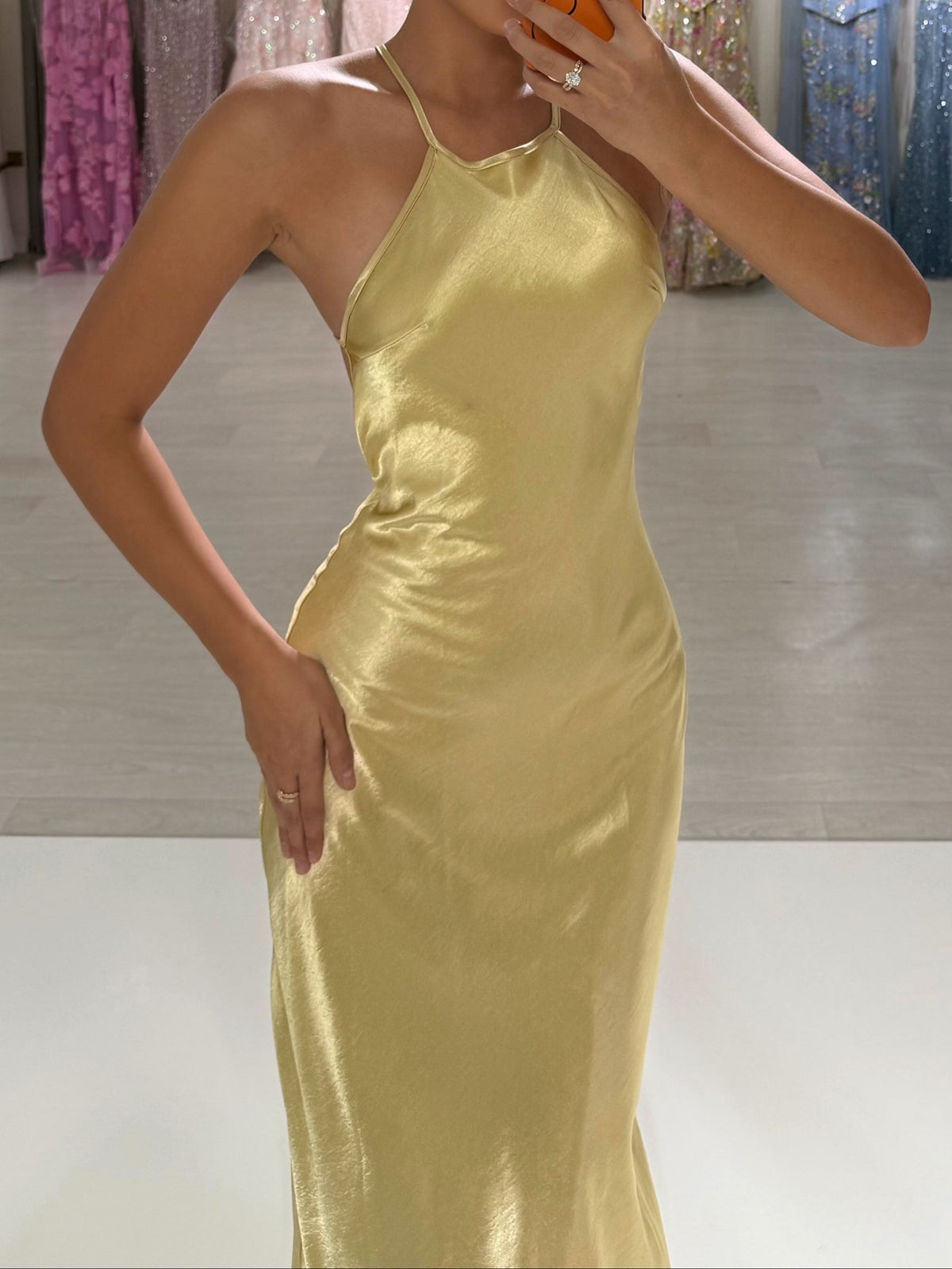 Halter Neck Open-Back Satin Gown with Crystal Detail