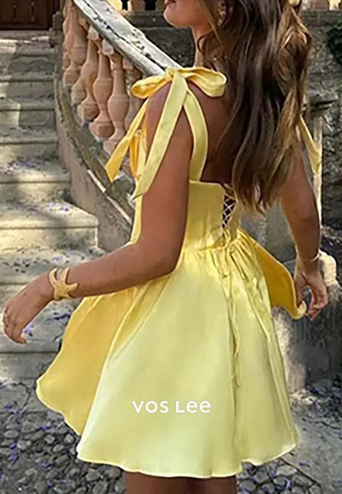 A-Line Spaghetti Straps Bowknot Square Pleated Homecoming Dresses