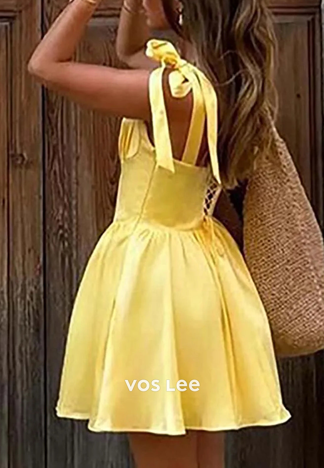 A-Line Spaghetti Straps Bowknot Square Pleated Homecoming Dresses