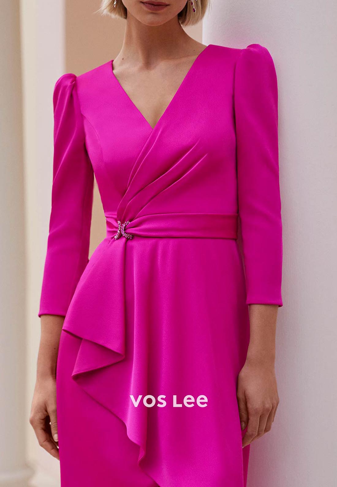 Simple & Casual High Low 3/4 Sleeve Rhinestone Pleated Sheath Mother of Bride Dresses