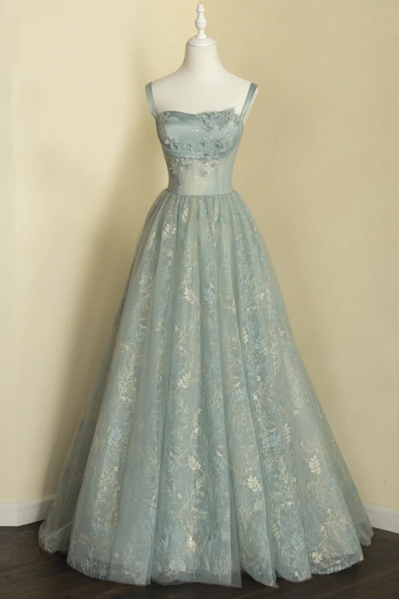 A-line Spaghetti Straps Embroidery Satin Tulle Long Prom Dresses With Appliqué