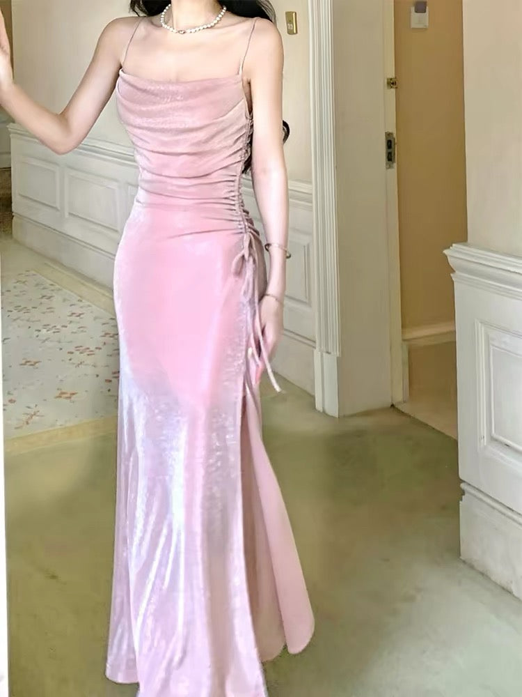 Modest Mermaid Spaghetti Strap Pink Sequin Slit High Evening Dresses