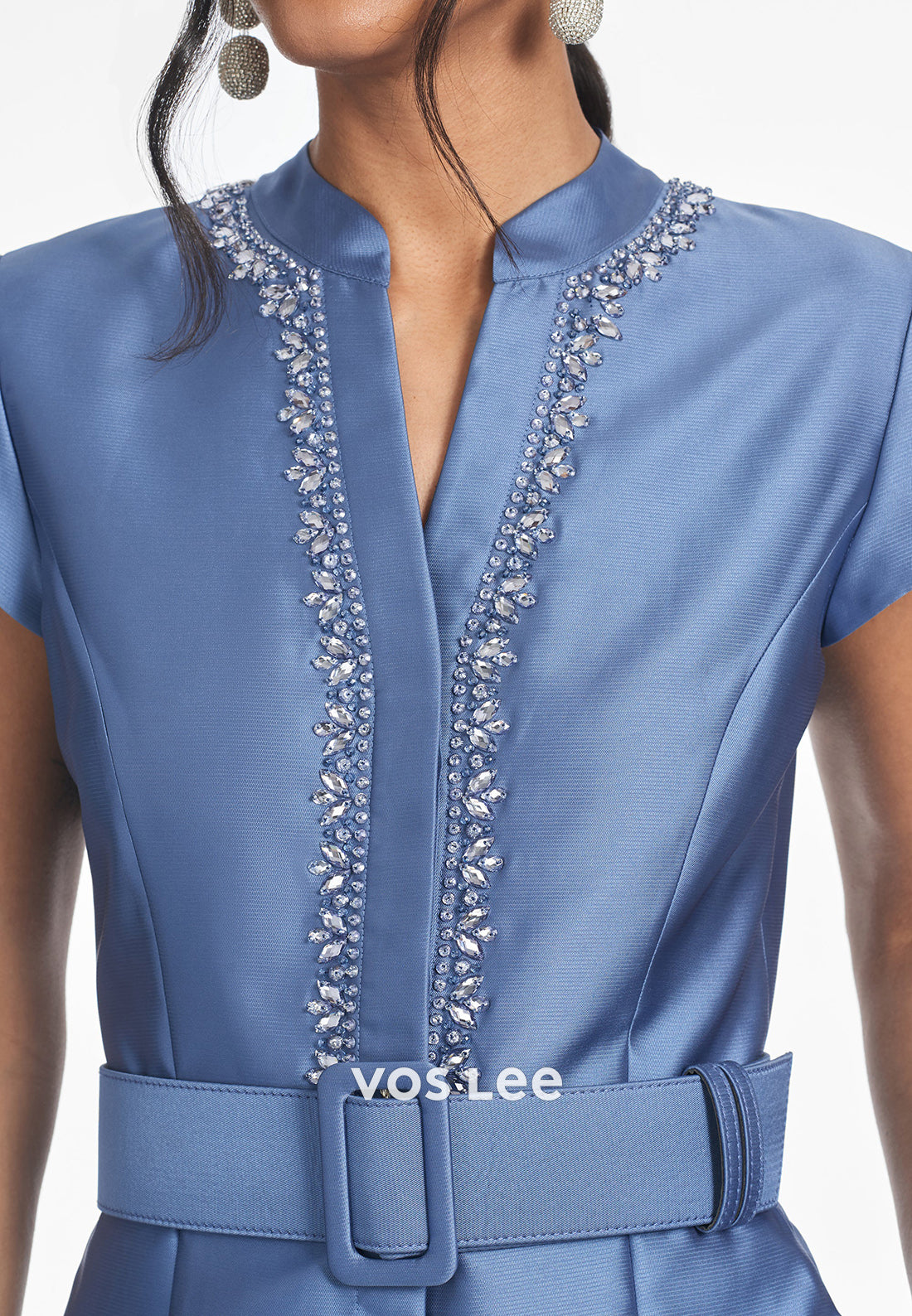 A-Line Short Sleeve V Neck Rhinestone Ruched Wedding Guest Dresses with Pockets