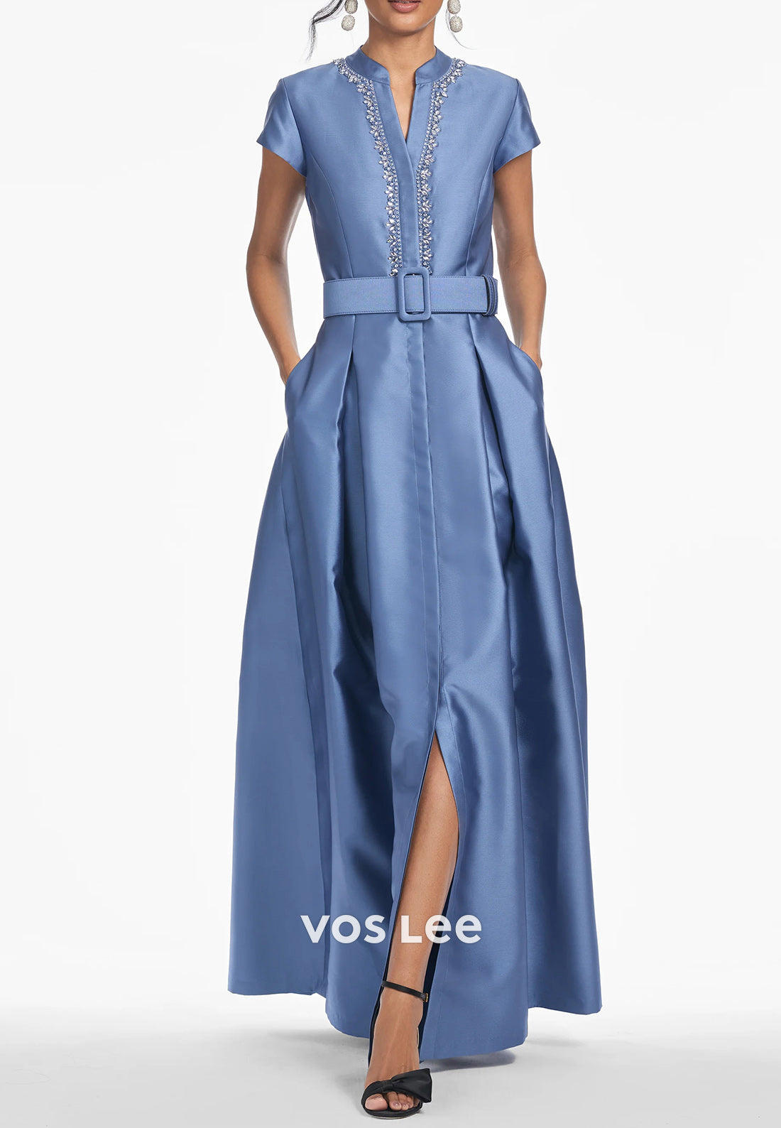 A-Line Short Sleeve V Neck Rhinestone Ruched Wedding Guest Dresses with Pockets