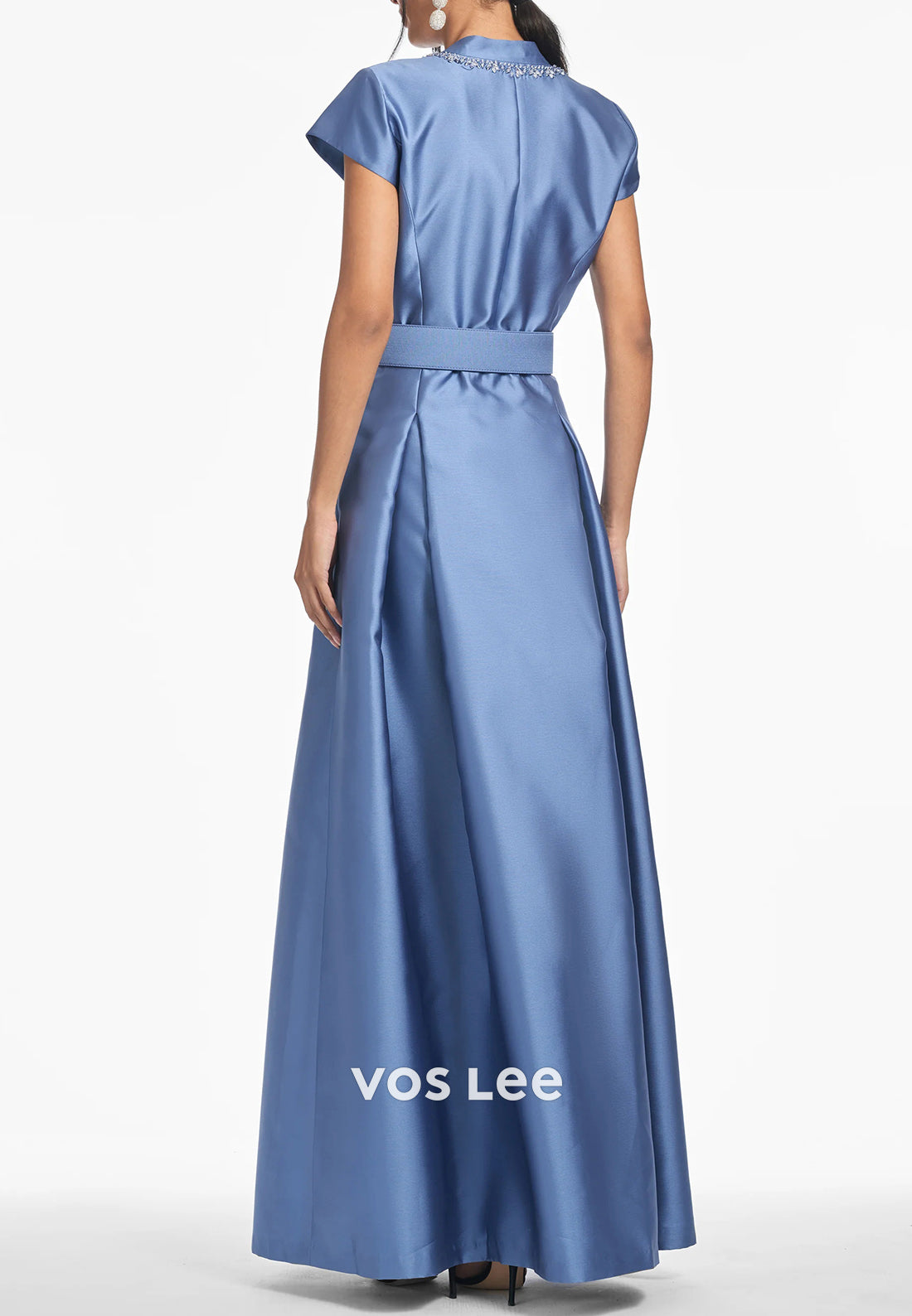 A-Line Short Sleeve V Neck Rhinestone Ruched Wedding Guest Dresses with Pockets