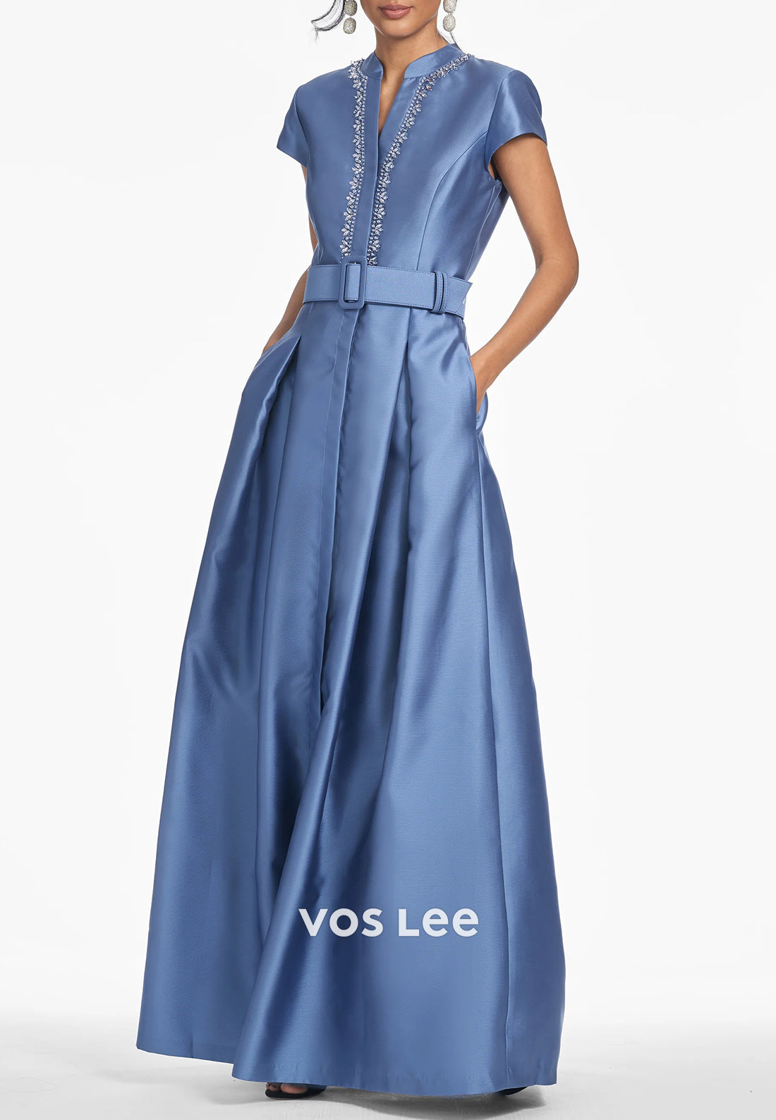 A-Line Short Sleeve V Neck Rhinestone Ruched Wedding Guest Dresses with Pockets