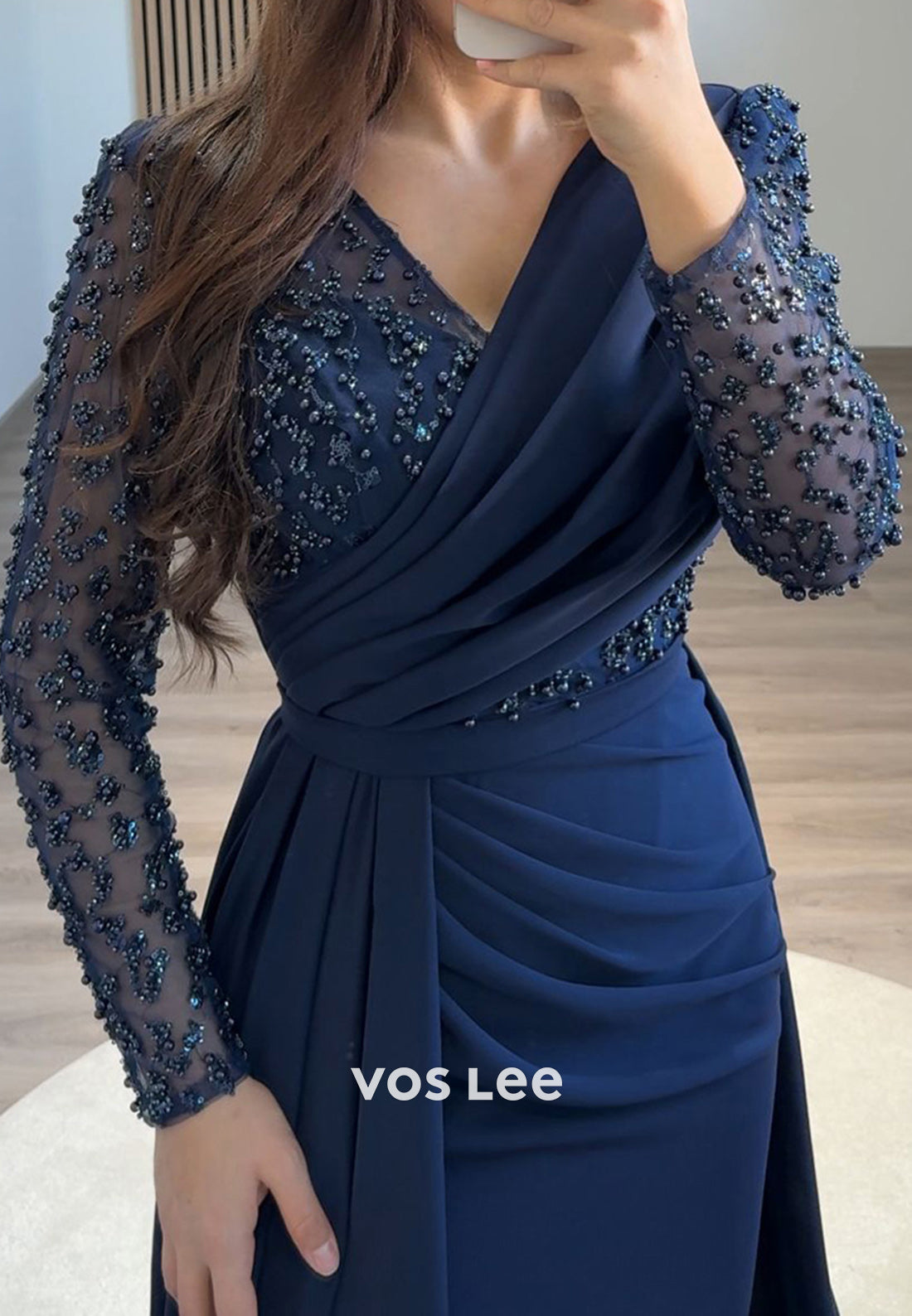 Formal Beaded V Neck Long Sleeves with Train Evening Dress Party Gown