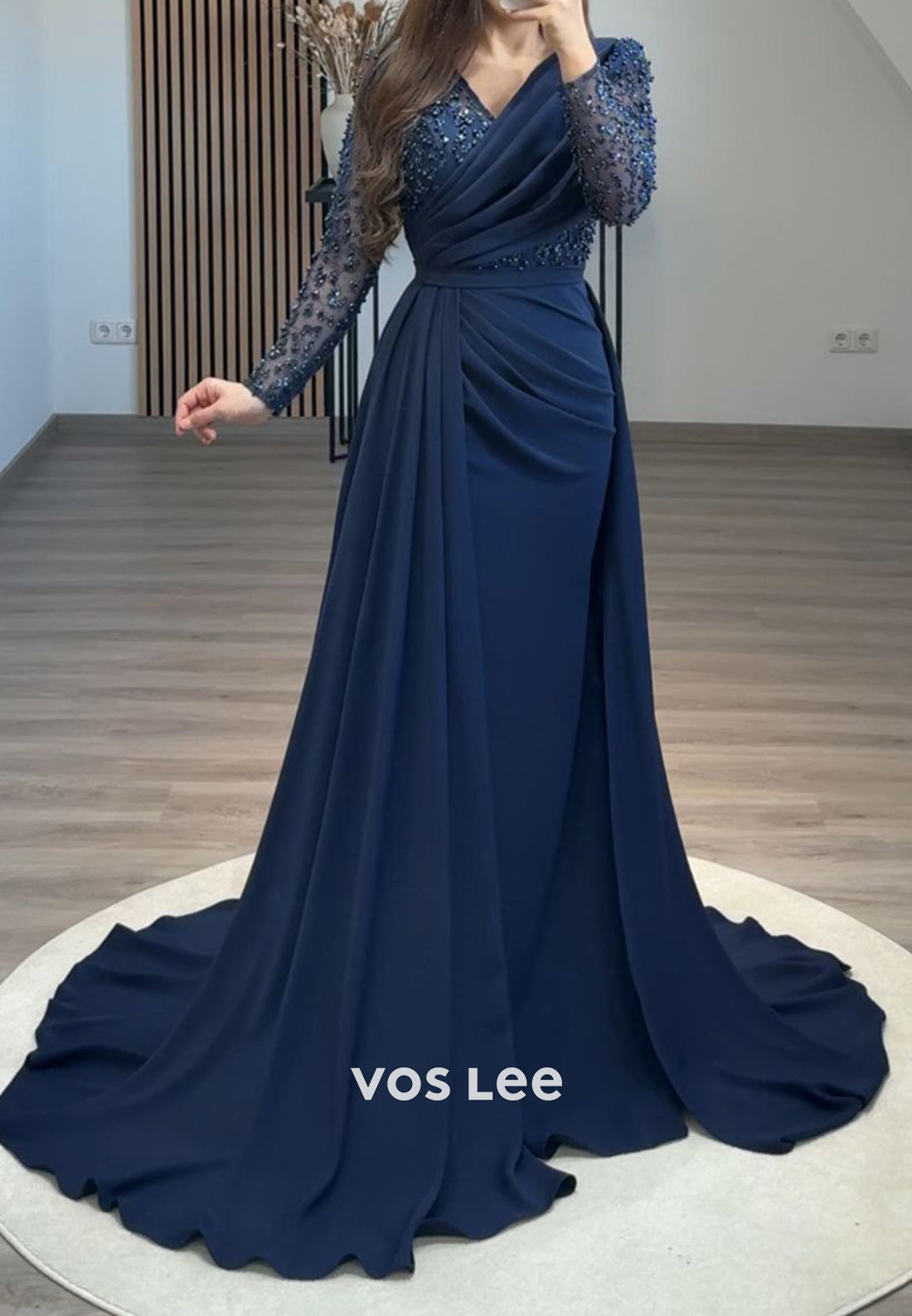 Formal Beaded V Neck Long Sleeves with Train Evening Dress Party Gown