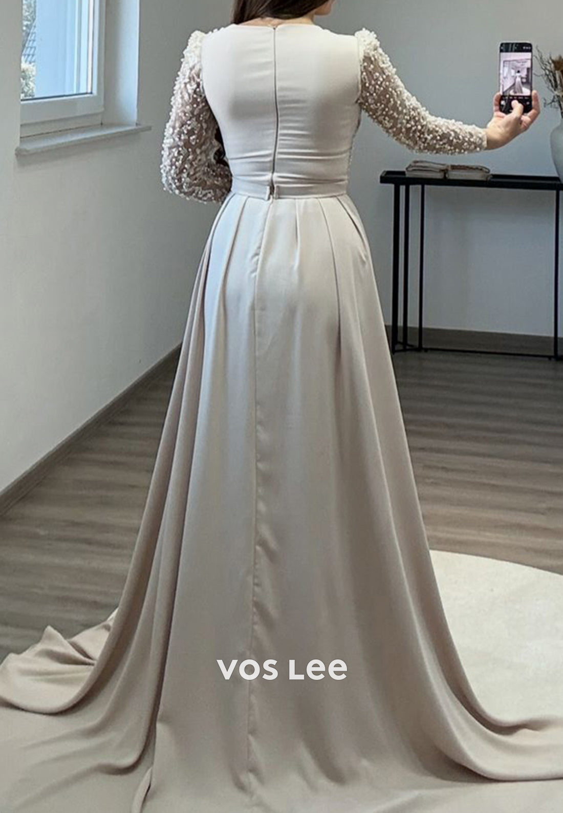 Formal Beaded V Neck Long Sleeves with Train Evening Dress Party Gown