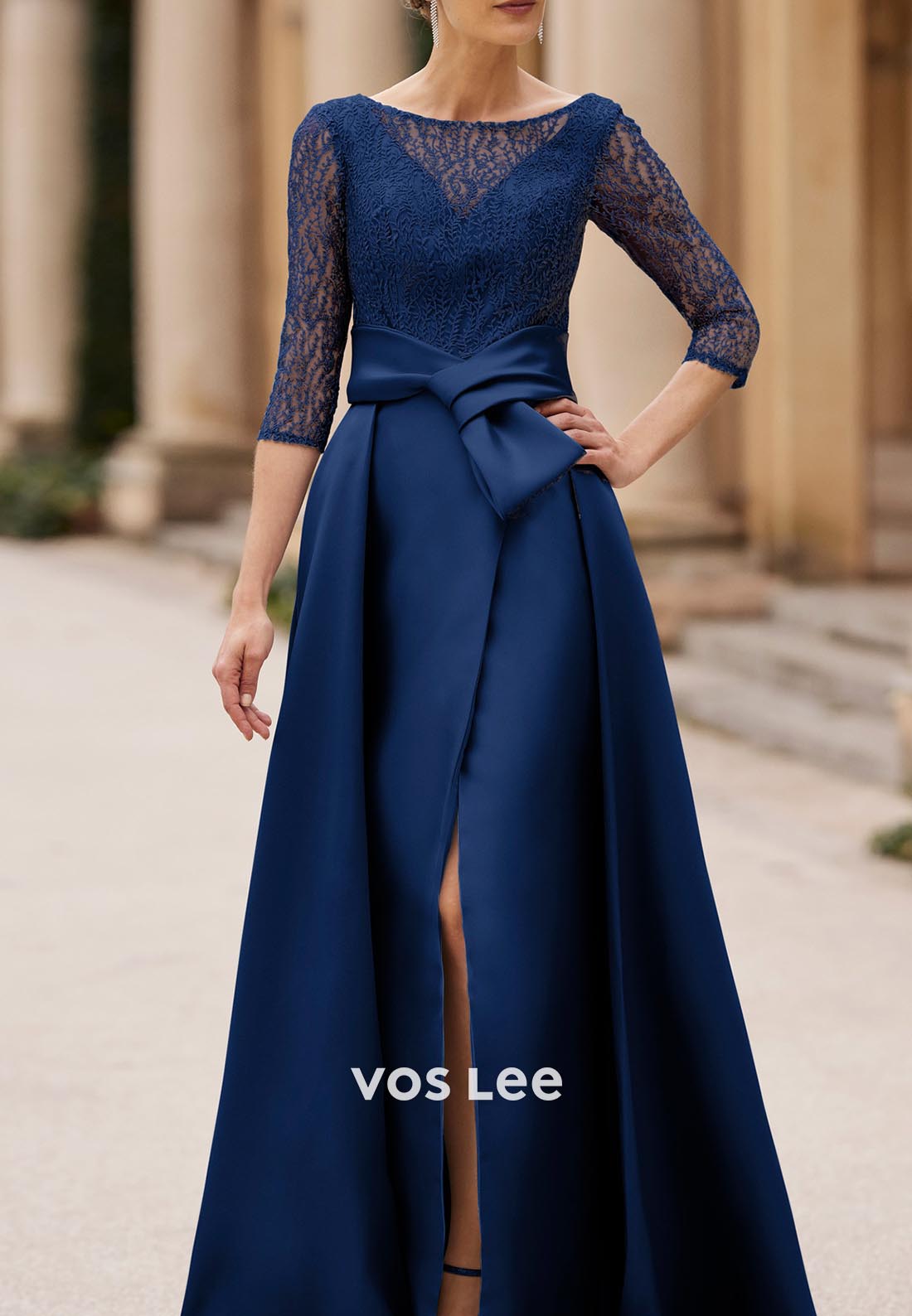 Ornate 3/4 Sleeve A-Line Scoop Floor-Length Mother of Bride Dresses with High Split