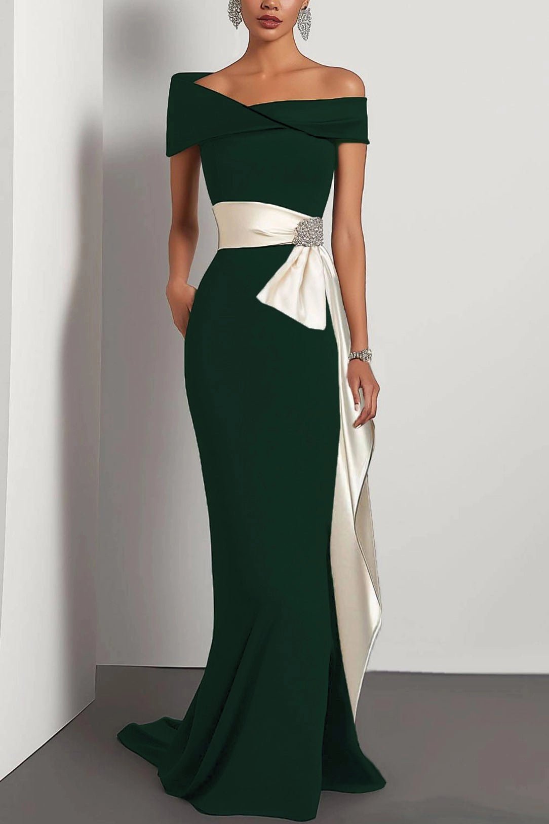 Black and White Off Shoulder Mermaid Dress | Elegant Color Block Evening Gown