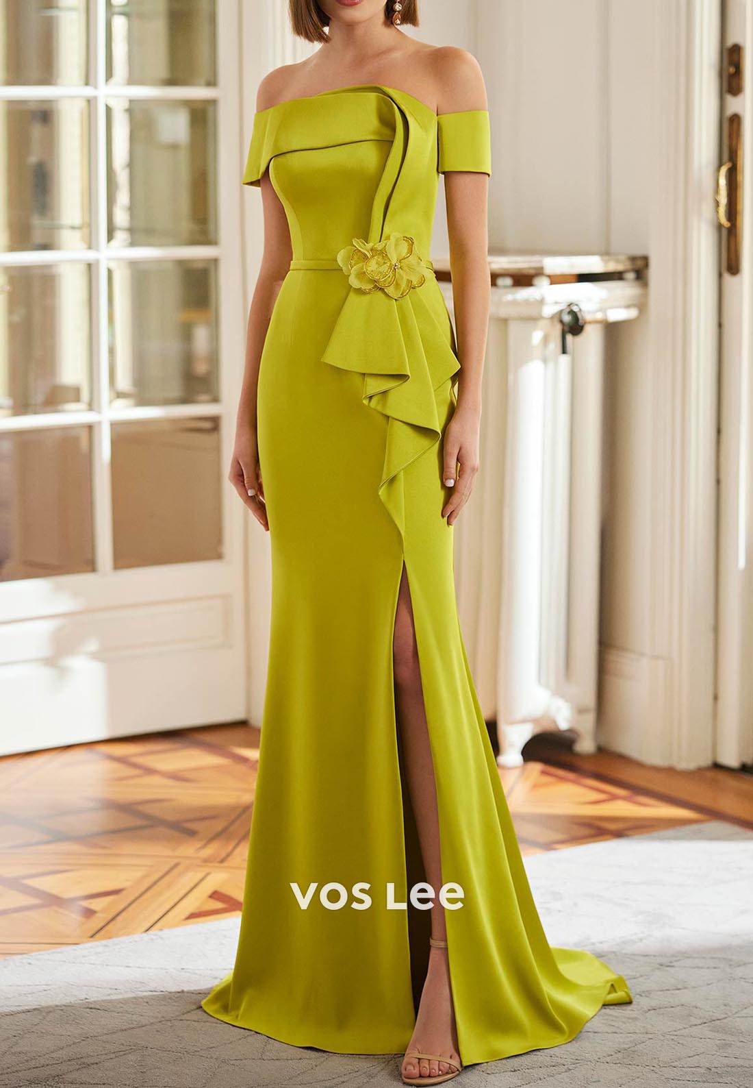 Simple Off the Shoulder Flowers Ruched Sheath Mother of Bride Dresses with High Split