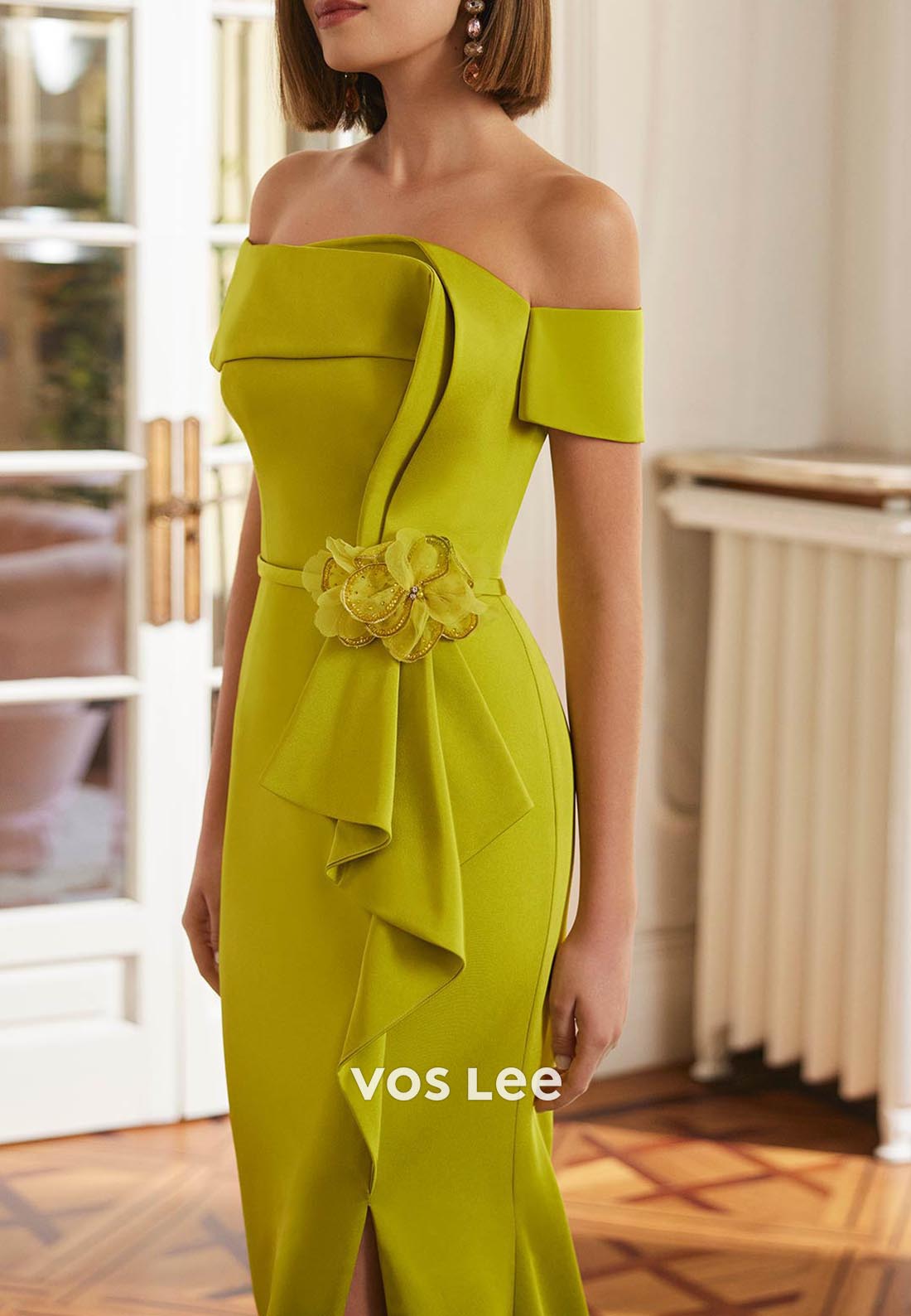 Simple Off the Shoulder Flowers Ruched Sheath Mother of Bride Dresses with High Split