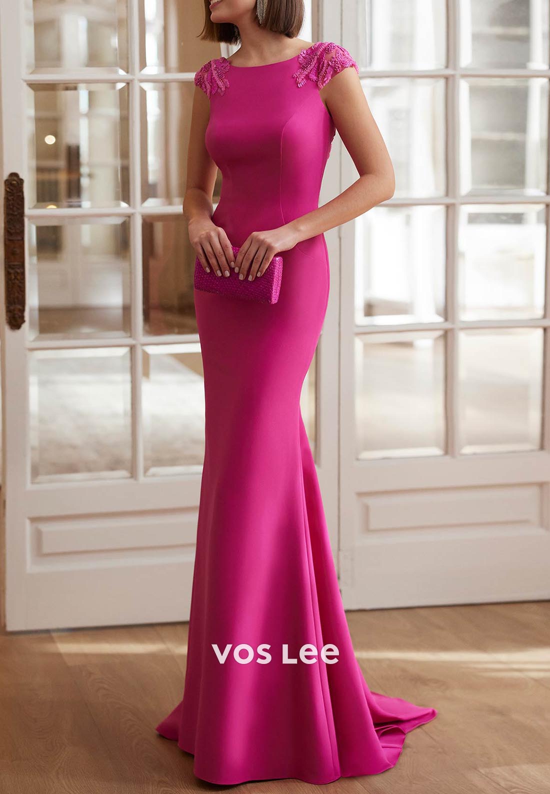 Cap Sleeves Beaded Embellished Mermaid Mother of Bride Dresses with Sweep Train