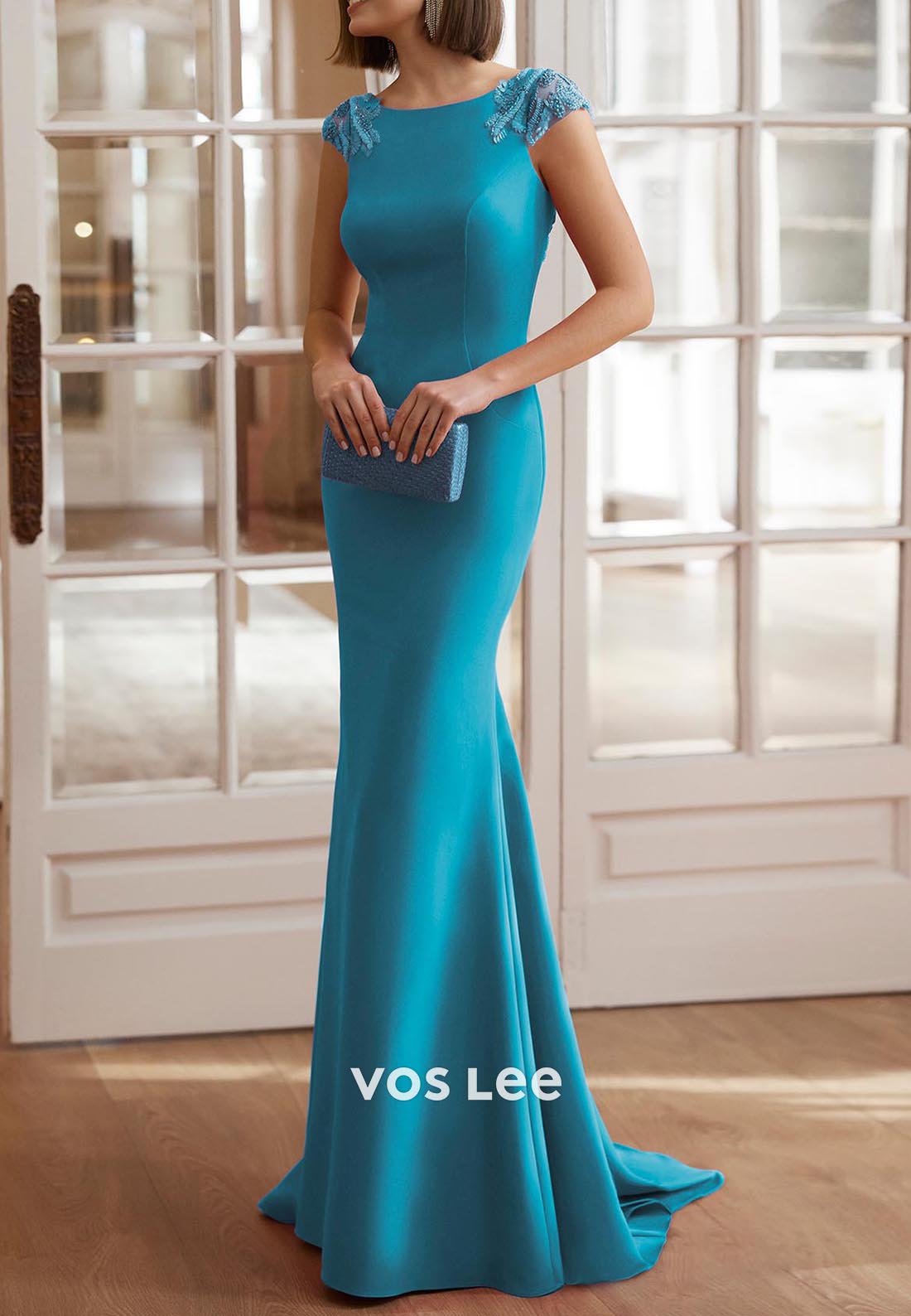 Cap Sleeves Beaded Embellished Mermaid Mother of Bride Dresses with Sweep Train