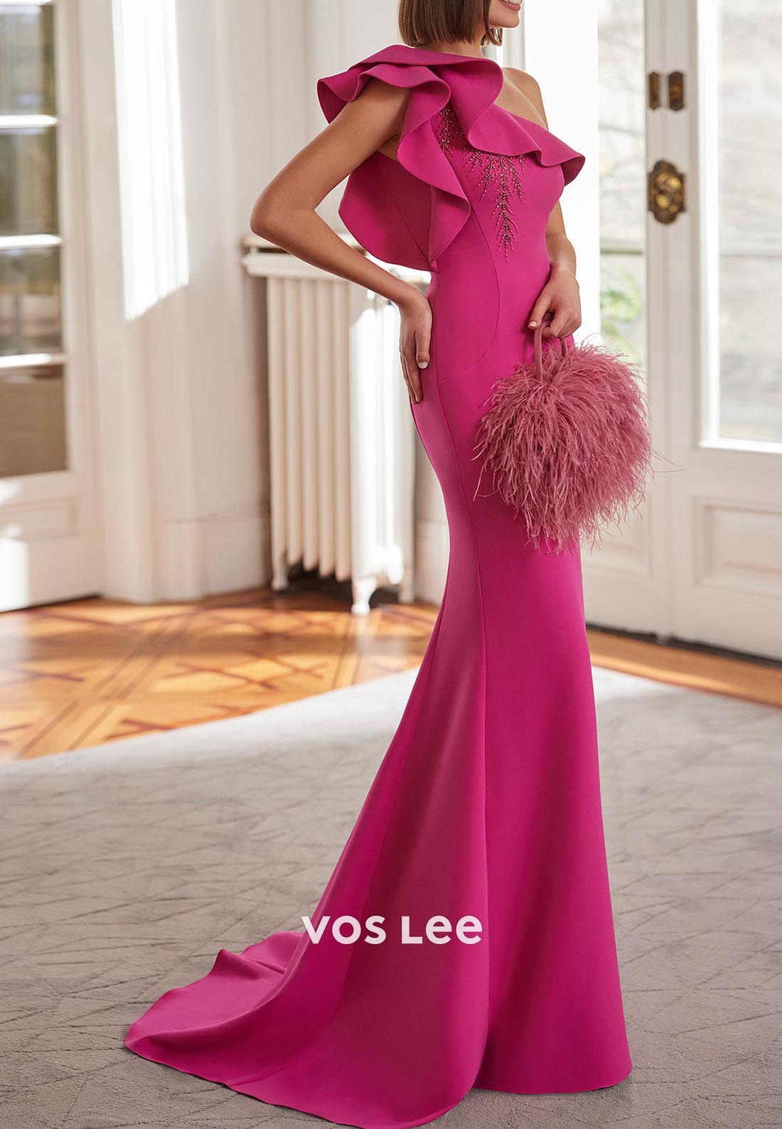 One Shoulder Beaded Embellished Mermaid Mother of Bride Dresses with Sweep Train