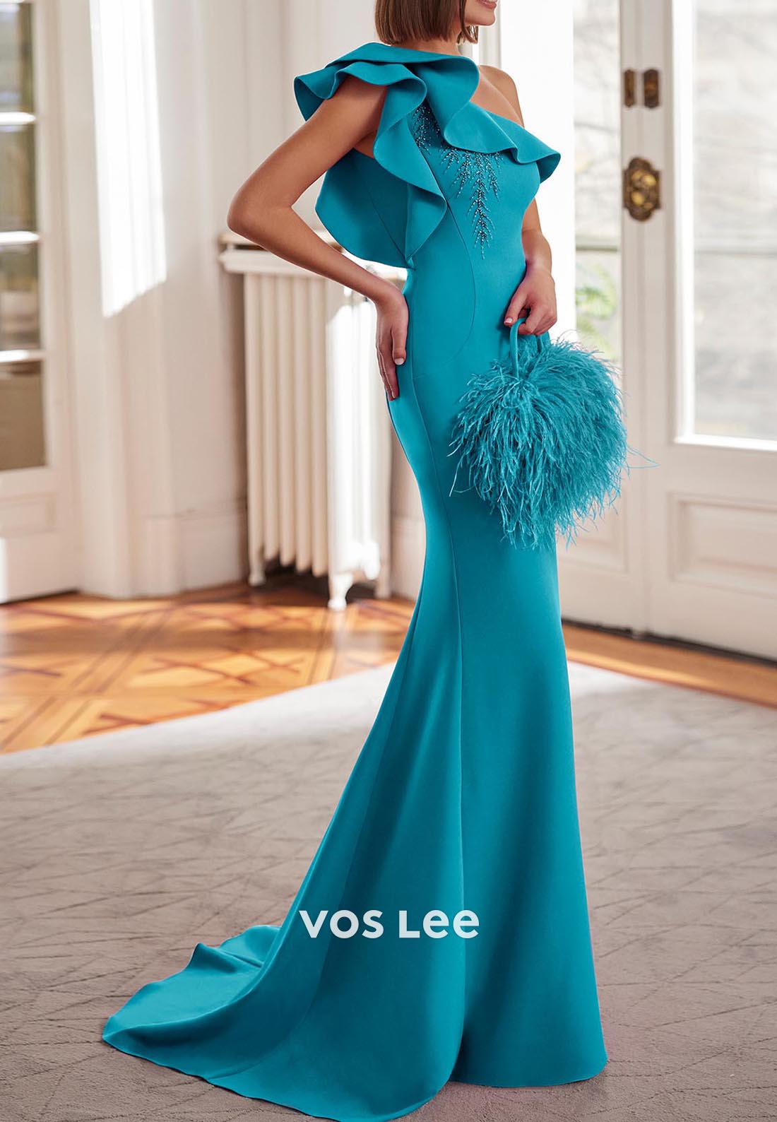 One Shoulder Beaded Embellished Mermaid Mother of Bride Dresses with Sweep Train