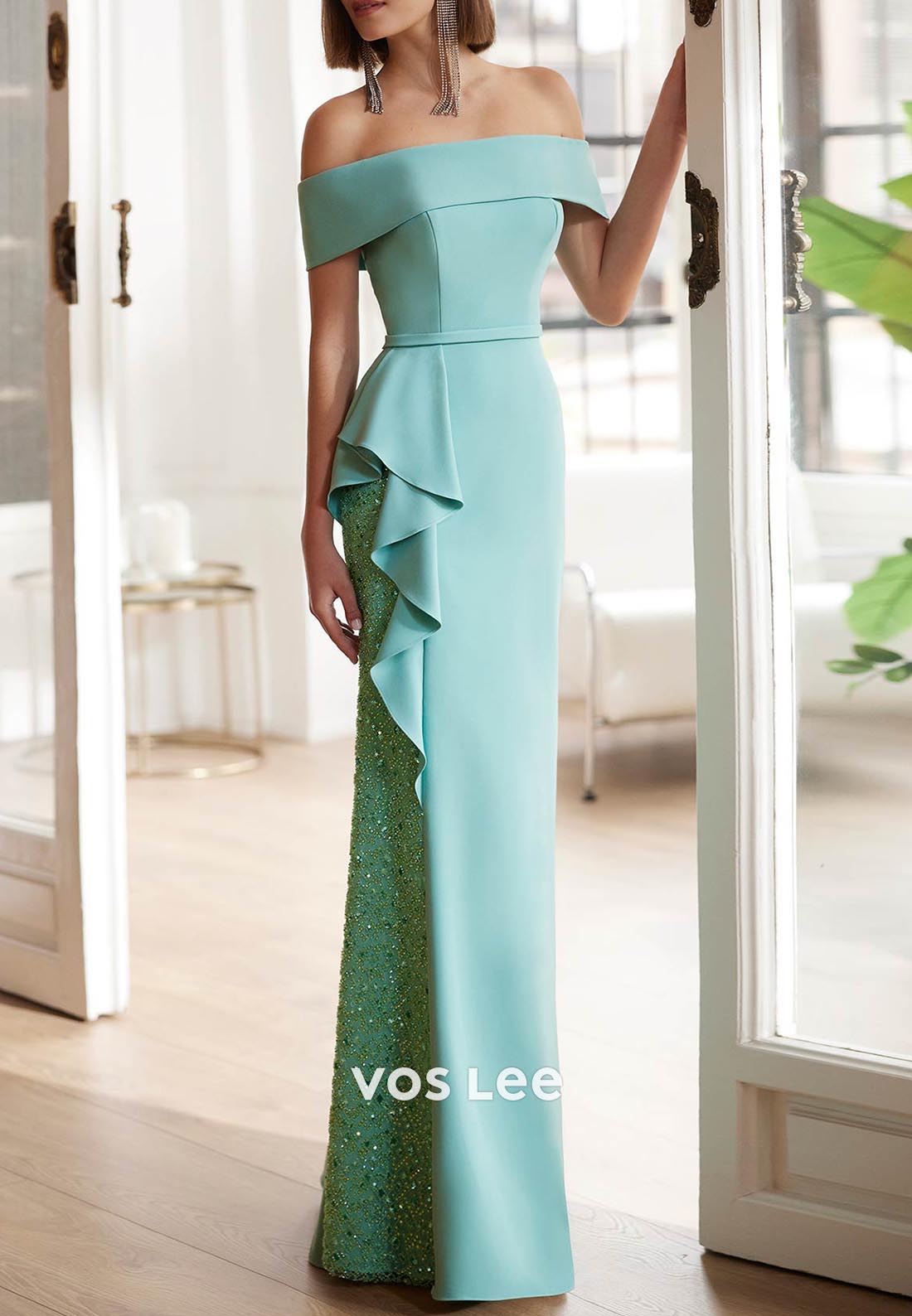 Simple Off the Shoulder Floor-Length Sequins Pleated Mermaid Mother of Bride Dresses
