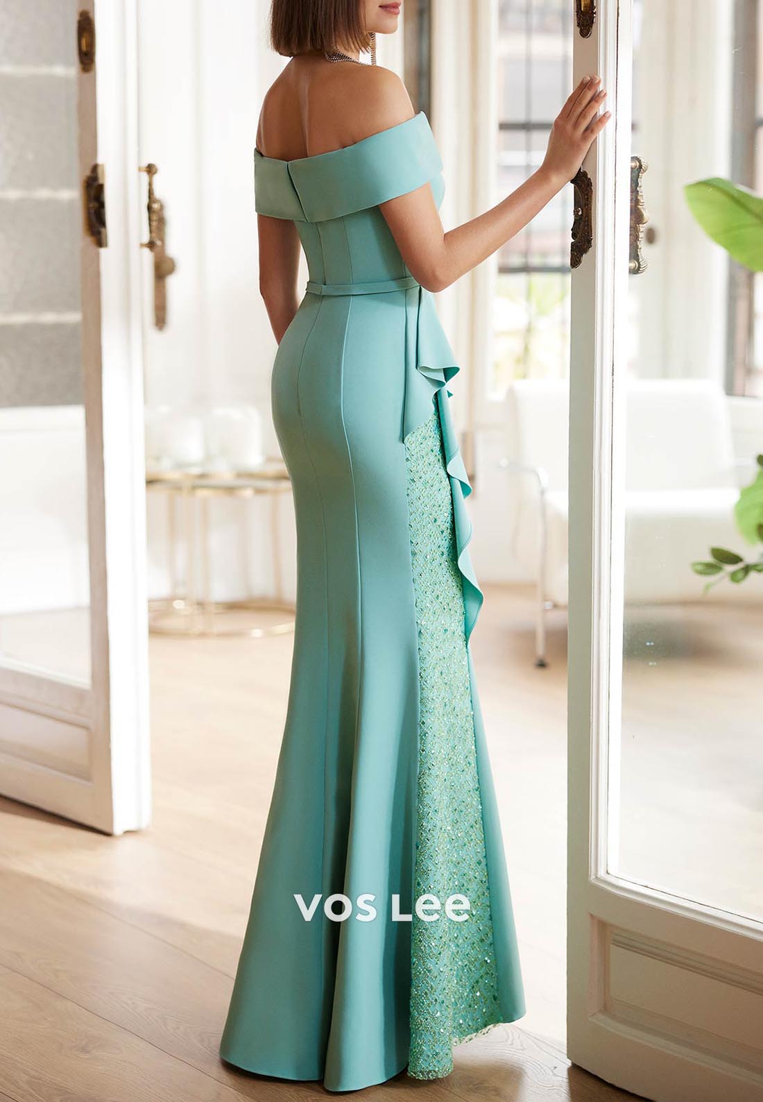 Simple Off the Shoulder Floor-Length Sequins Pleated Mermaid Mother of Bride Dresses