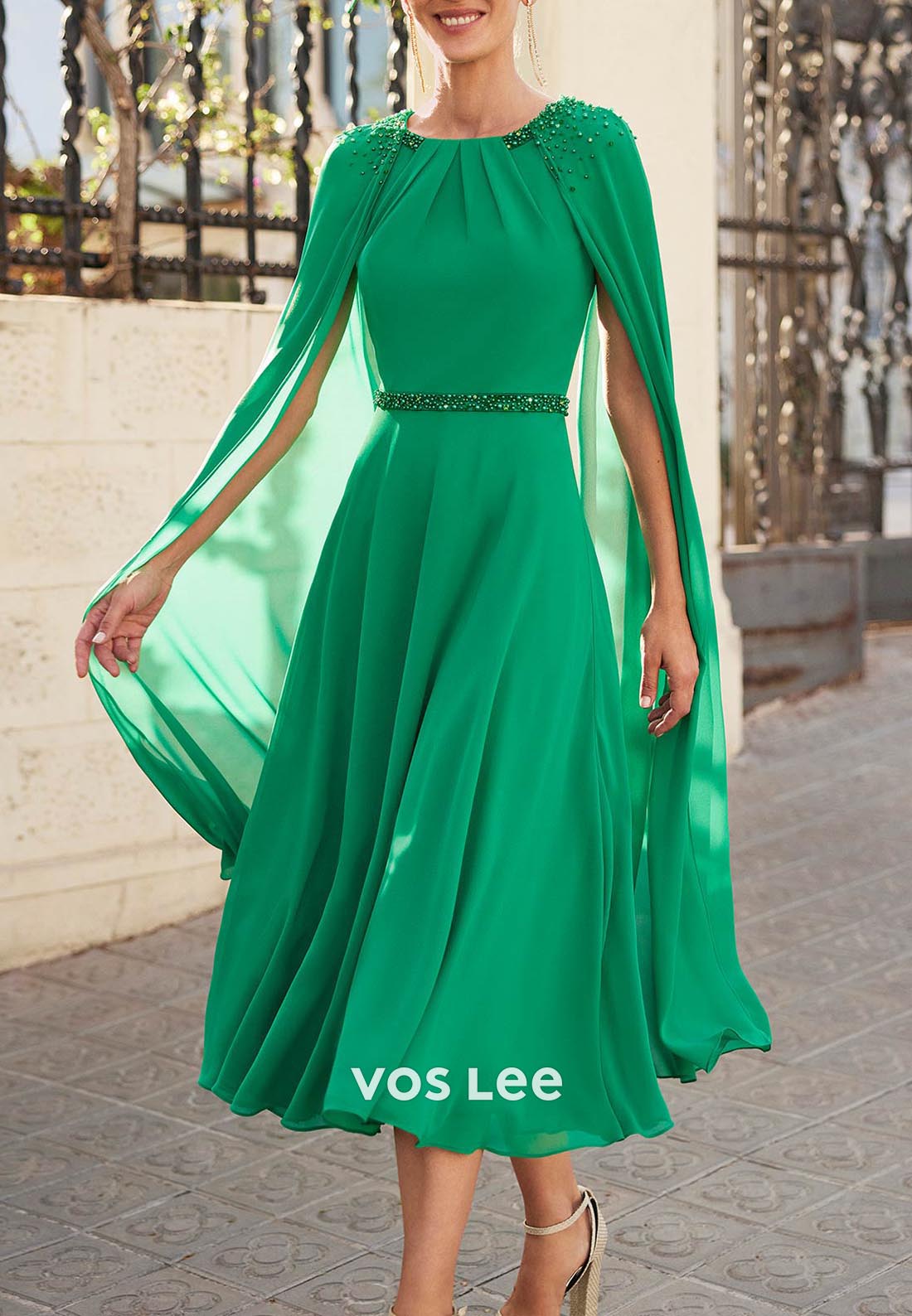 A-Line Sleeveless Beading Ruched Scoop Rhinestone Tea-Length Mother of Bride Dresses