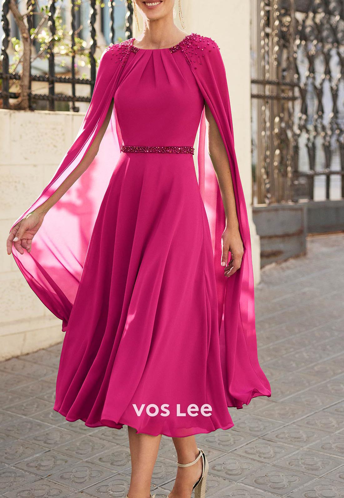 A-Line Sleeveless Beading Ruched Scoop Rhinestone Tea-Length Mother of Bride Dresses