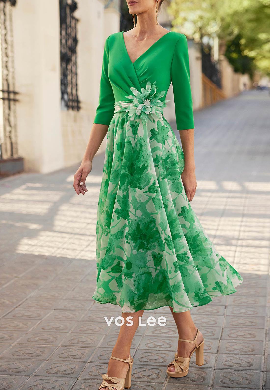 A-Line V Neck Pleated Flowers 3/4 Sleeve Tea-Length Mother of Bride Dresses