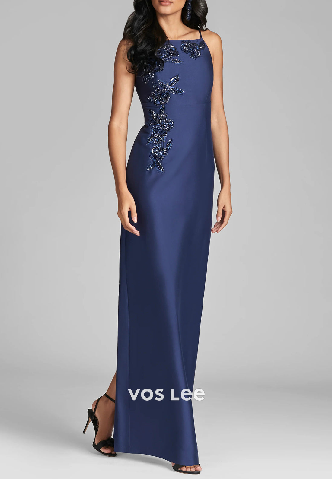 Spaghetti Straps Square Floral Embroidered Beading Sheath Mother of Bride Dresses
