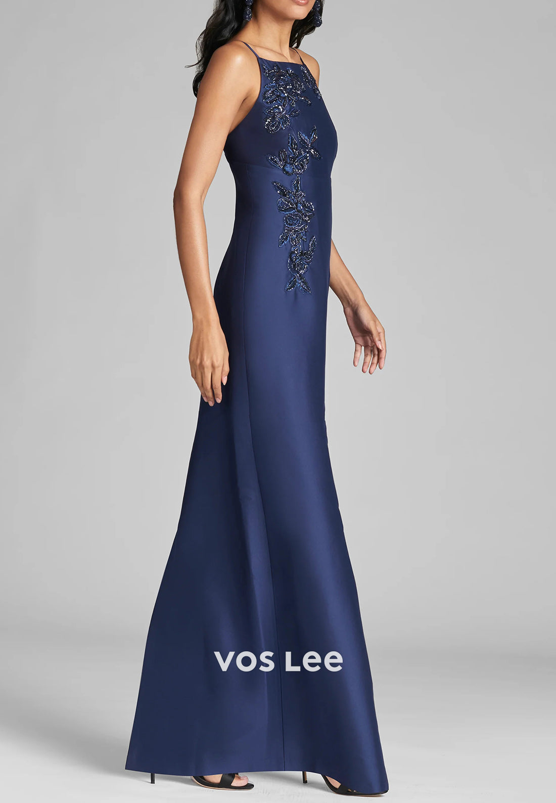 Spaghetti Straps Square Floral Embroidered Beading Sheath Mother of Bride Dresses