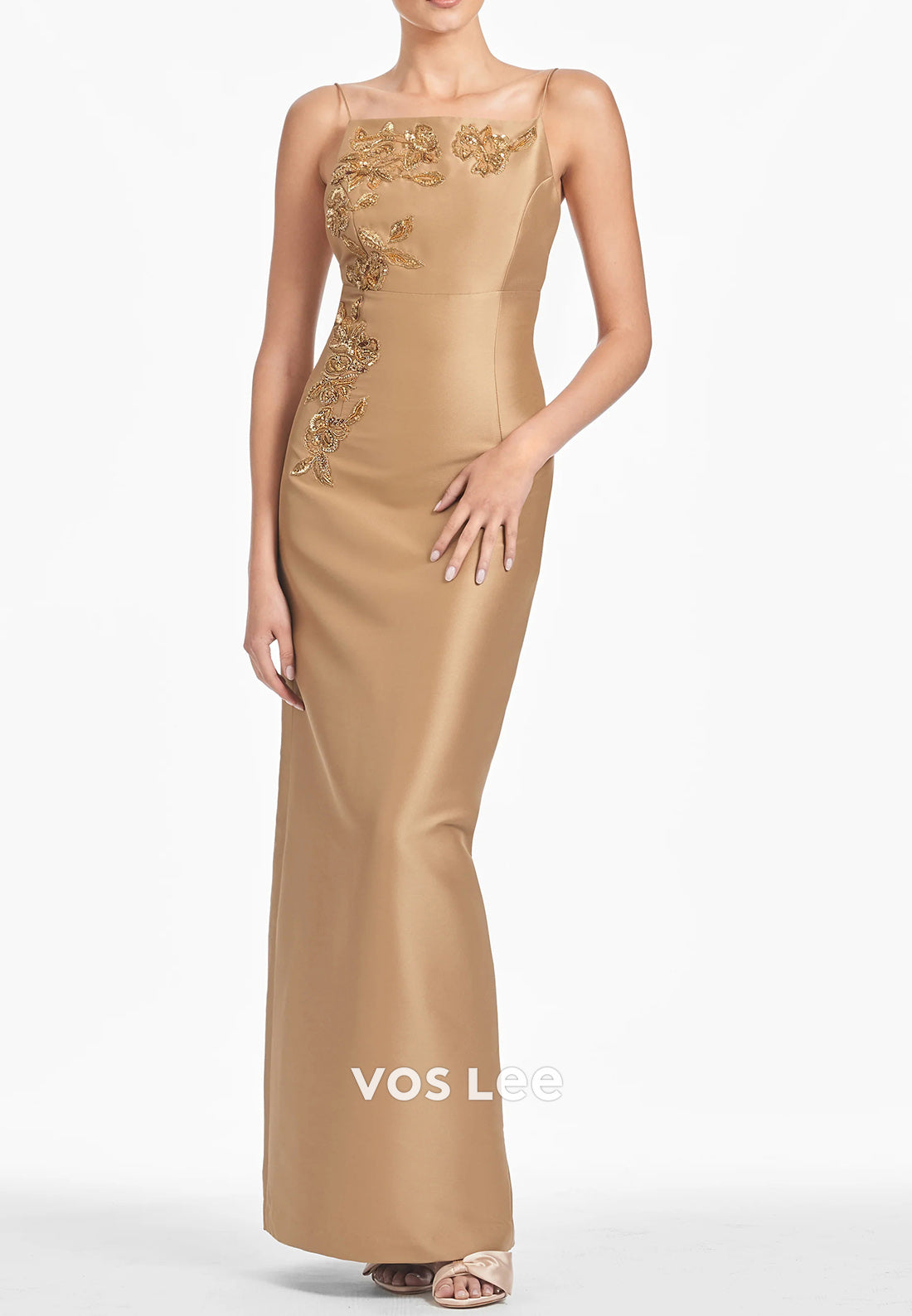 Spaghetti Straps Square Floral Embroidered Beading Sheath Mother of Bride Dresses