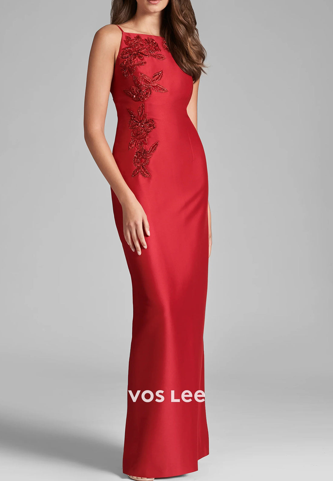Spaghetti Straps Square Floral Embroidered Beading Sheath Mother of Bride Dresses