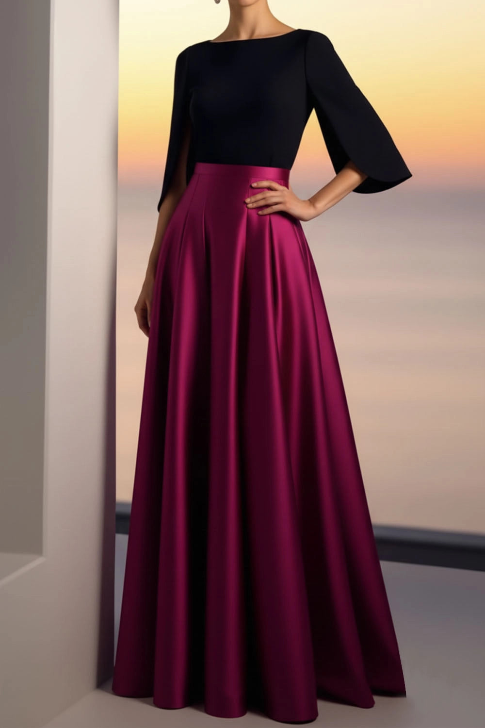 Black and Gold Color Block Maxi Dress | Long Sleeve A-Line Evening Gown
