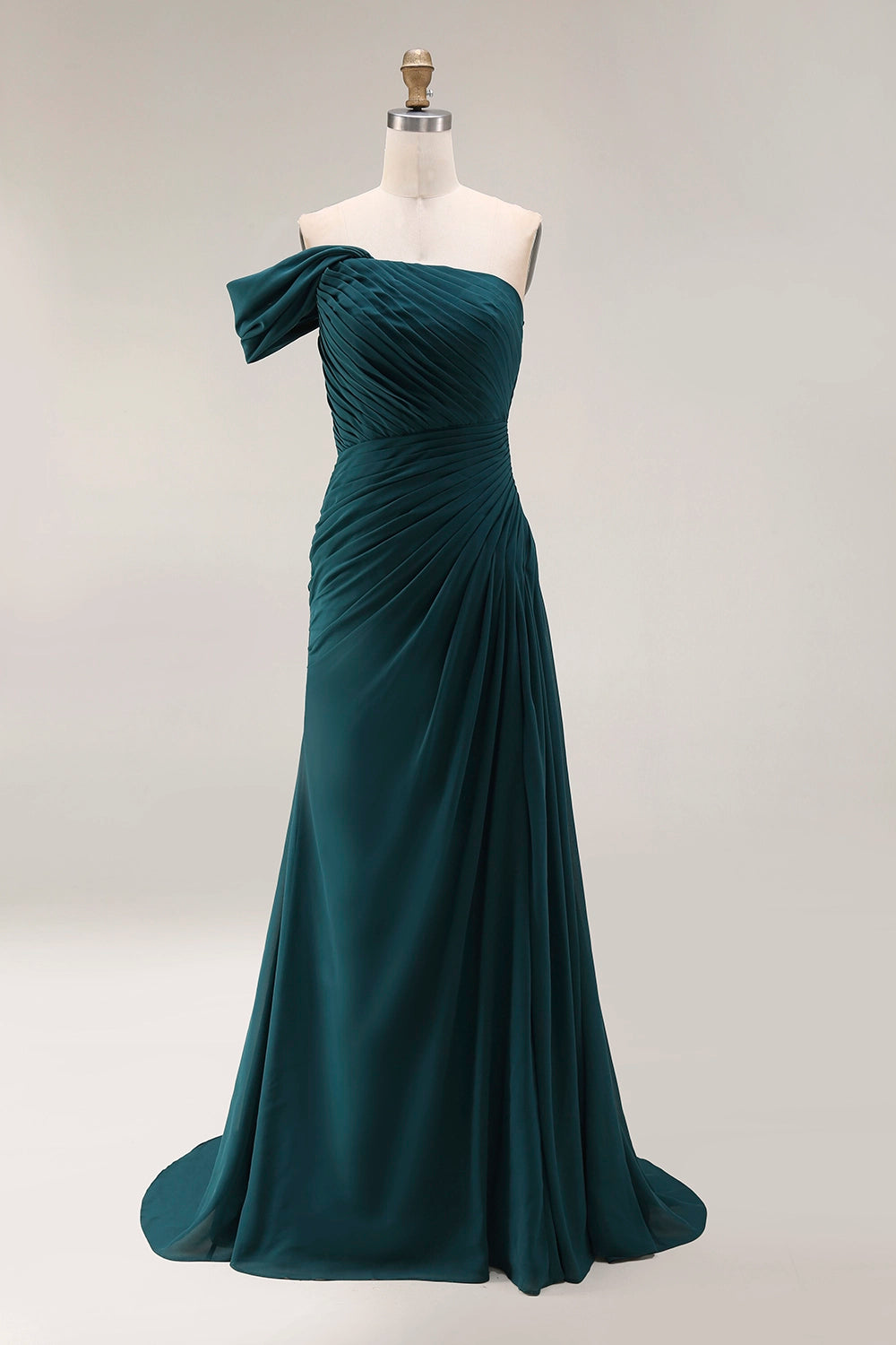 Emerald Green One Shoulder Mermaid Dress | Pleated Evening Gown