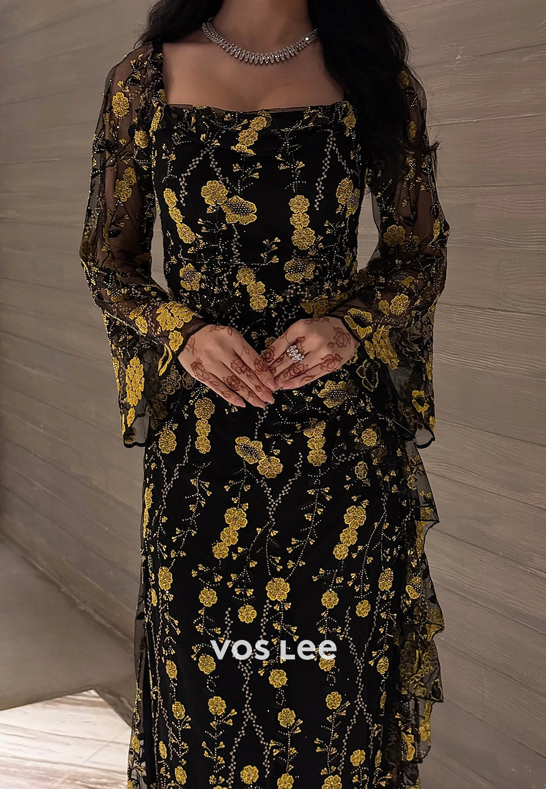 Simple Long Sleeve Square Ankle-Length Appliques Lace Sheath Evening Dresses