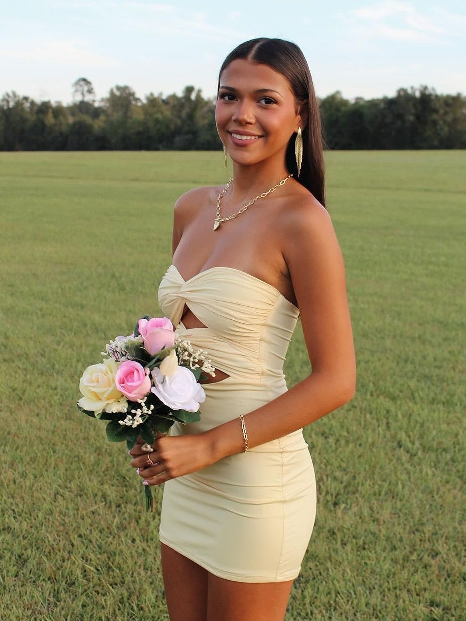 Fitted Sheath Sweetheart Yellow Short Homecoming Dress with Keyhole VOS LEE Fitted Sheath Sweetheart Yellow Short Homecoming Dress with Keyhole VOS LEE