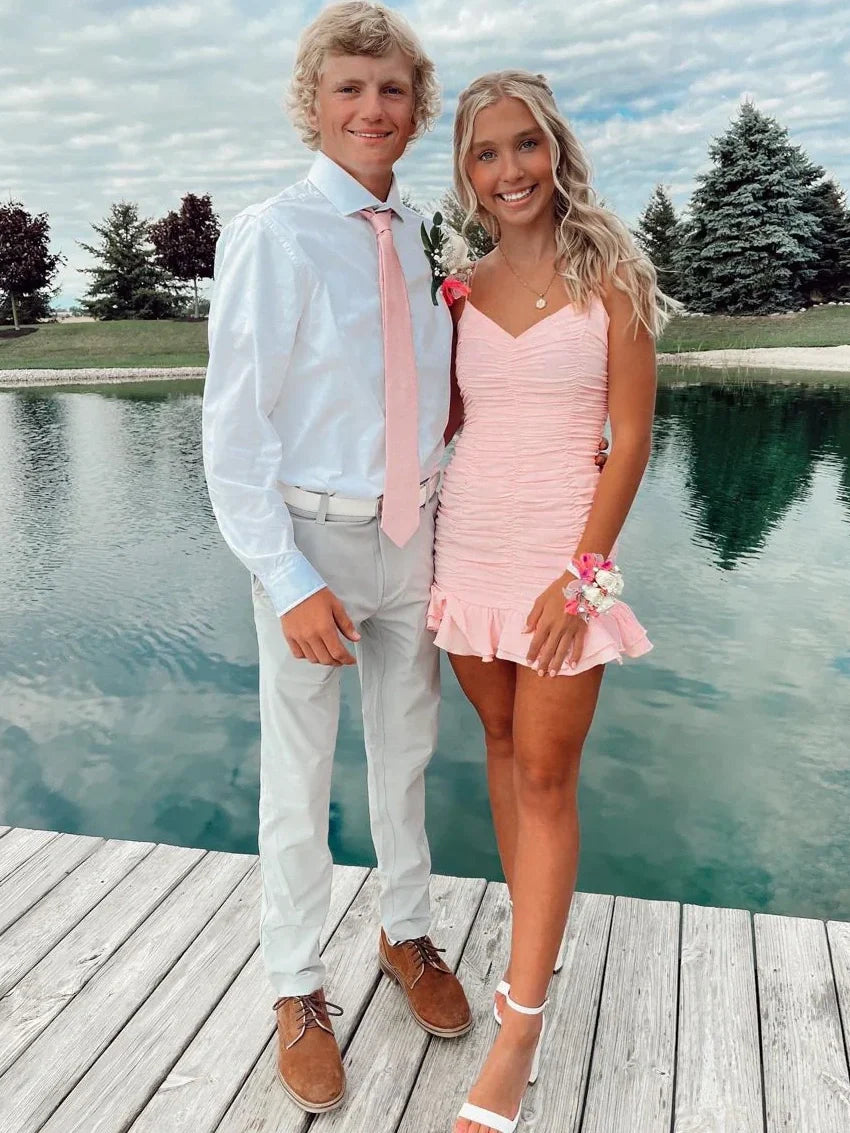 Flattering Bodycon Spaghetti Straps Pink Short Homecoming Dress with Ruched