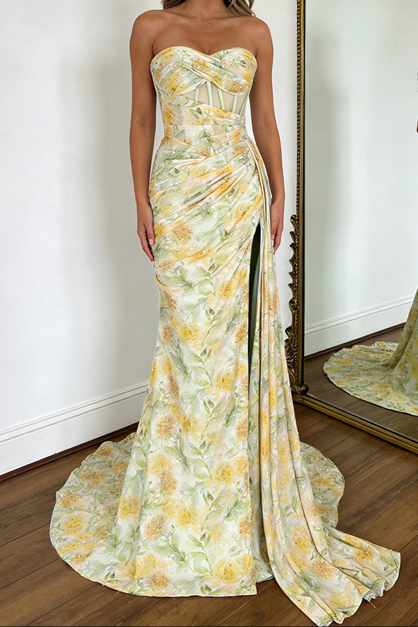 Floral Print Glitter Sweetheart Lace Up Prom Dress with Corset Bodice and High Slit