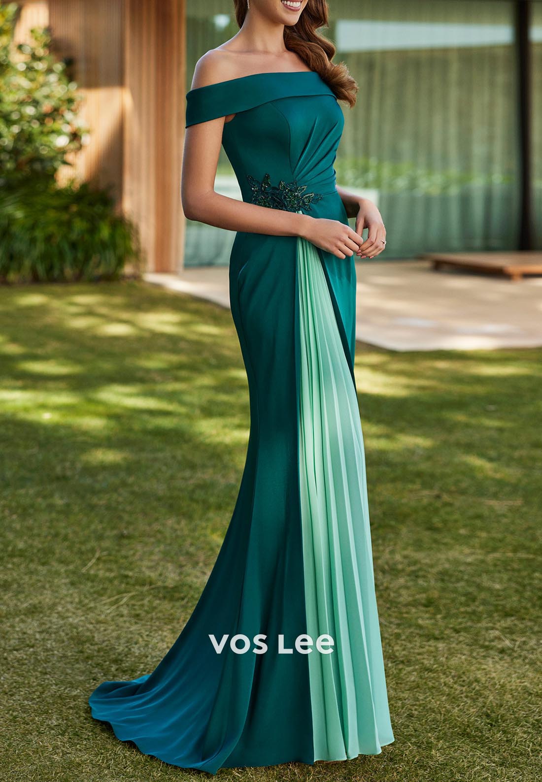 Off the Shoulder Flowers Pleated Split Sheath Mother of Bride Dresses with Sweep Train