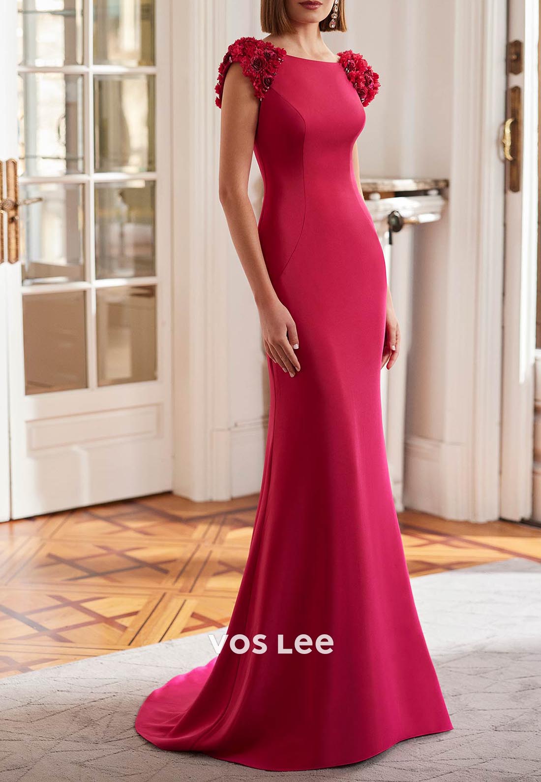 Cap Sleeves Flowers Scoop Sleek Mermaid Mother of Bride Dresses with Sweep Train