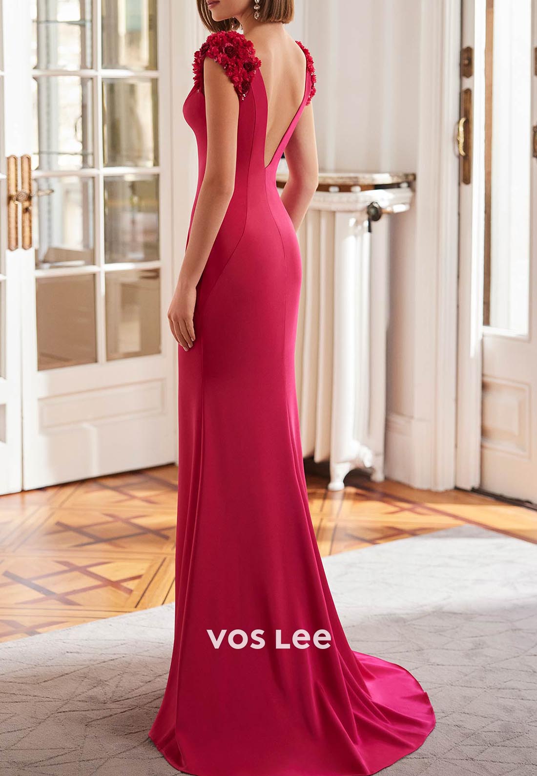 Cap Sleeves Flowers Scoop Sleek Mermaid Mother of Bride Dresses with Sweep Train