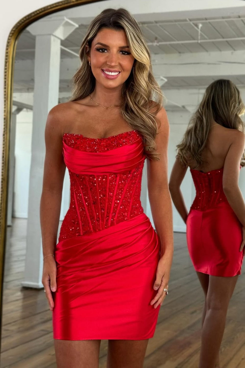 Glamorous Strapless Mini Homecoming Dress with Beaded Corset and Draped Skirt