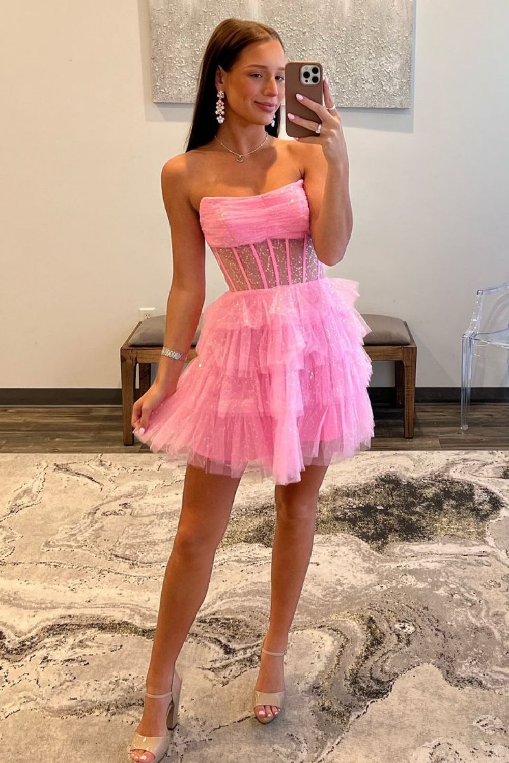 Glitter Pink A-Line Strapless Short Tiered Tulle Homecoming Dress