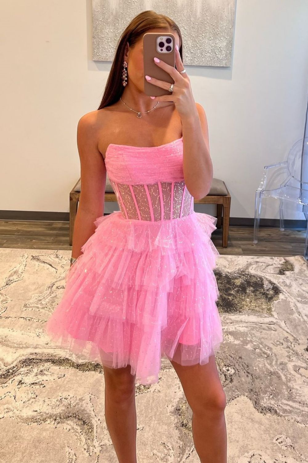Glitter Pink A-Line Strapless Short Tiered Tulle Homecoming Dress