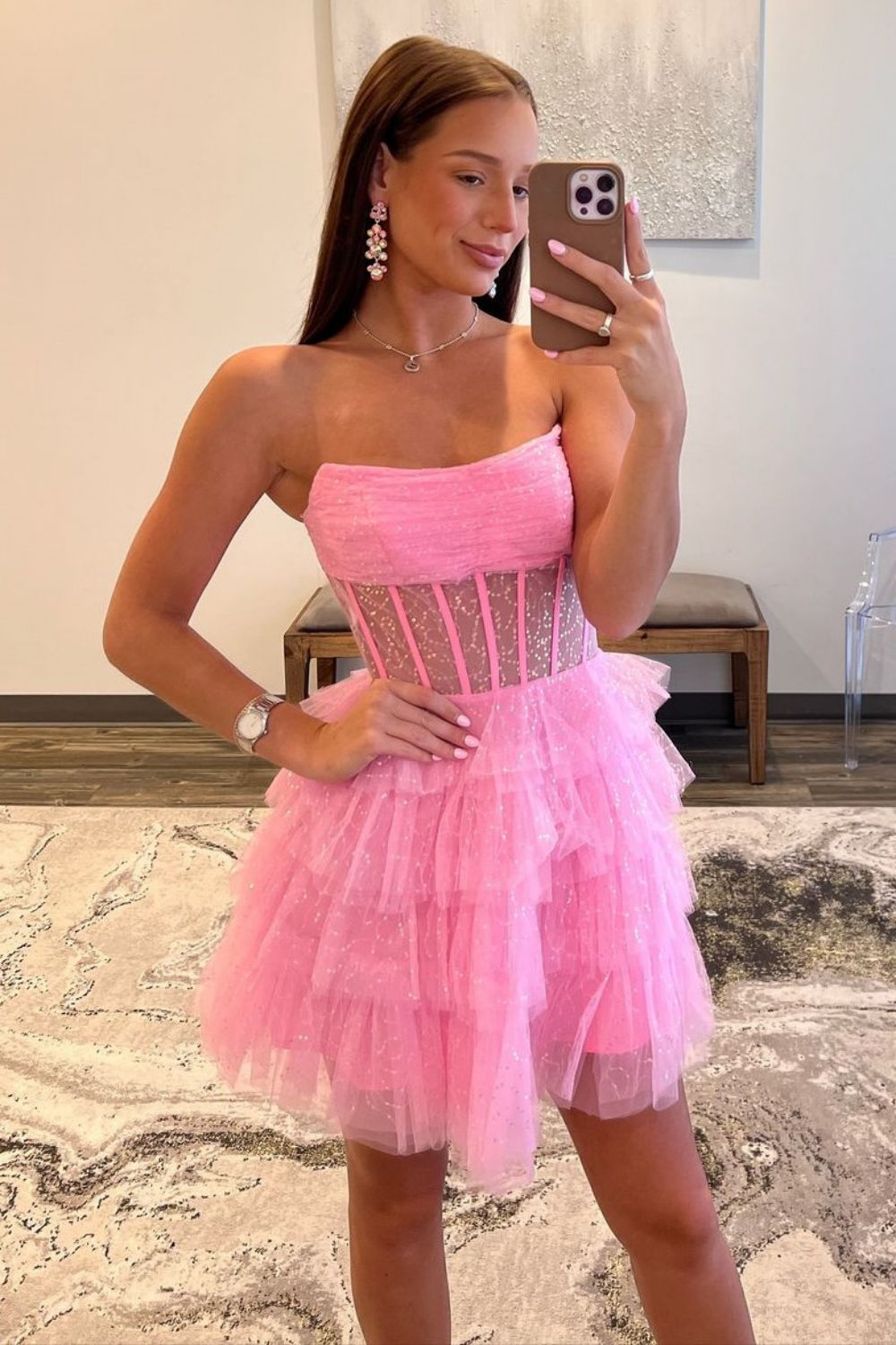 Glitter Pink A-Line Strapless Short Tiered Tulle Homecoming Dress